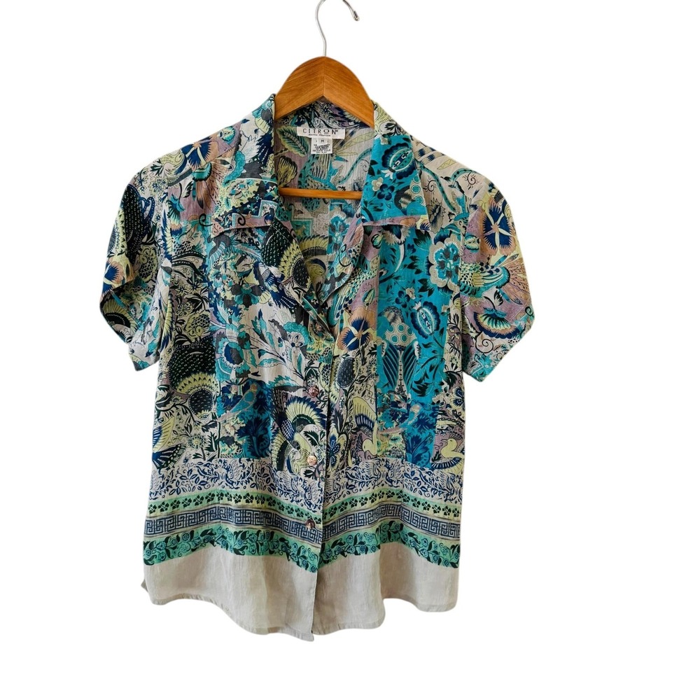 Citron Santa Monica Silk Linen Blouse Top Womens M Blue Floral Bird Print Boho